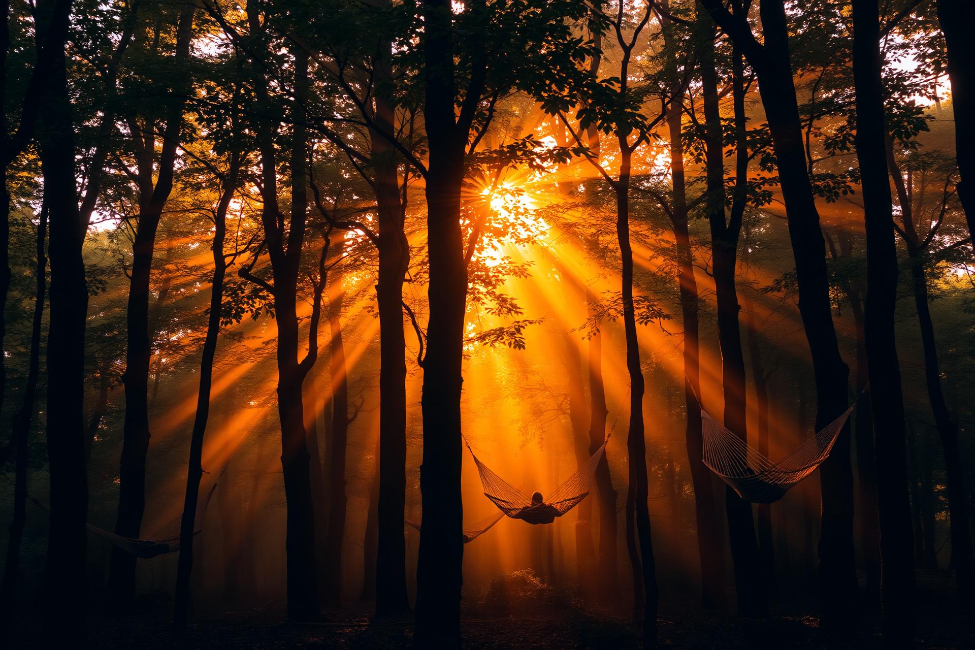 Hamacas en un bosque místico natural al atardecer dorado